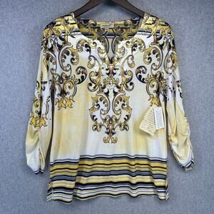 One World Live And Let Live Top Womens Medium Yellow Multi Baroque 3/4 Sleeve